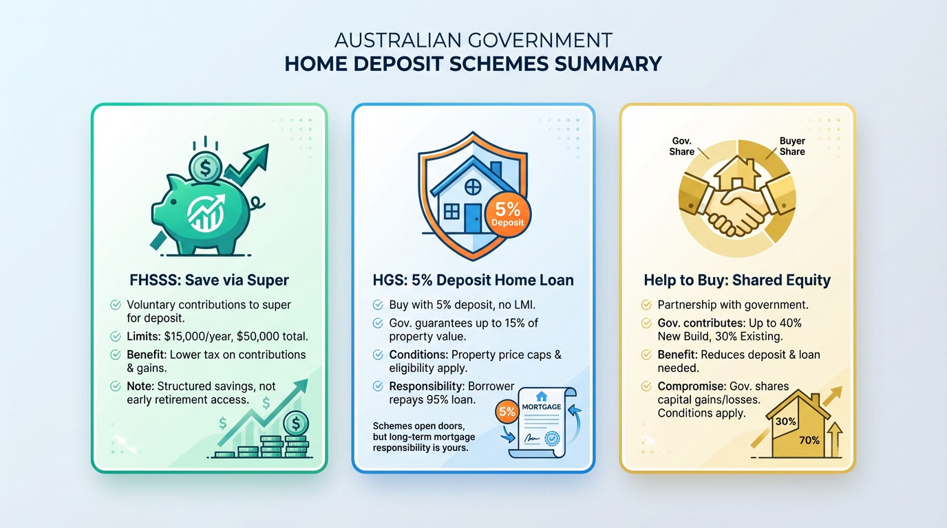 Summary of Australian government home deposit schemes including FHSSS and Home Guarantee Scheme