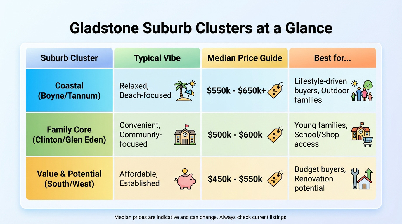 Comparison table of Gladstone suburb clusters showing price ranges and lifestyle features
