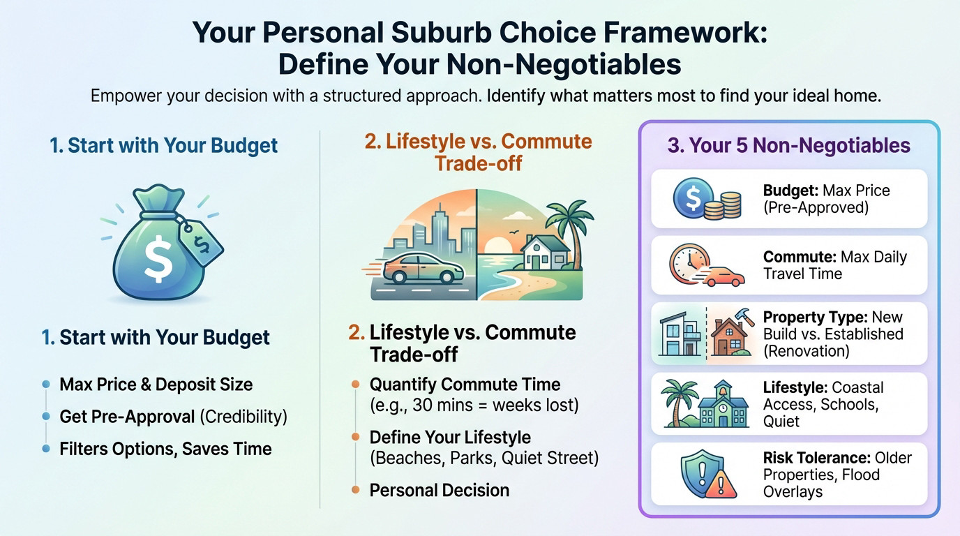 Framework for choosing the best suburbs in Gladstone for first home buyers based on budget and lifestyle