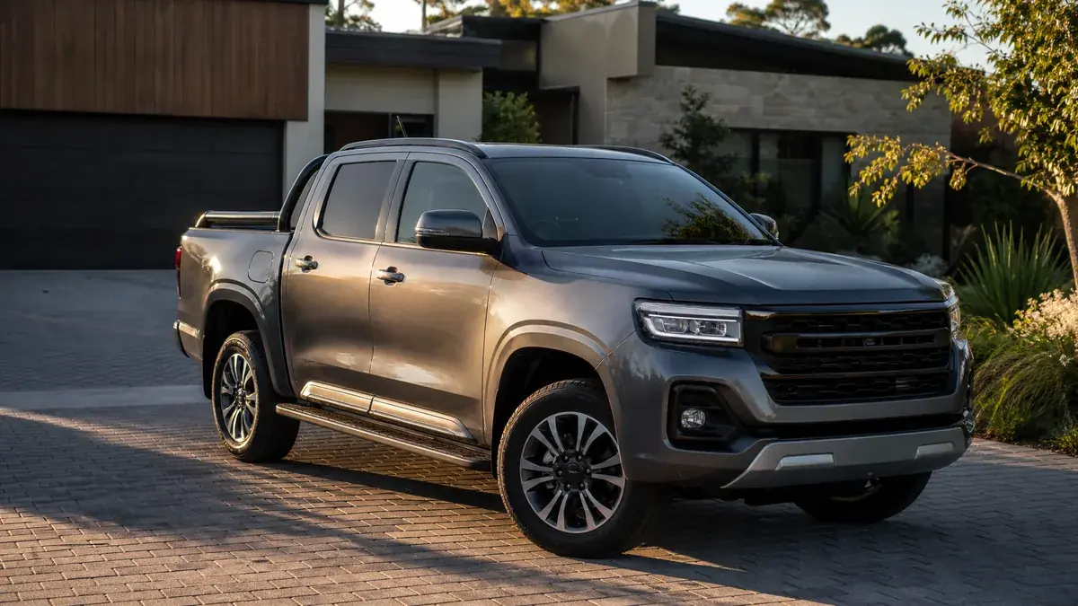 New dual-cab ute parked on the driveway of a contemporary home