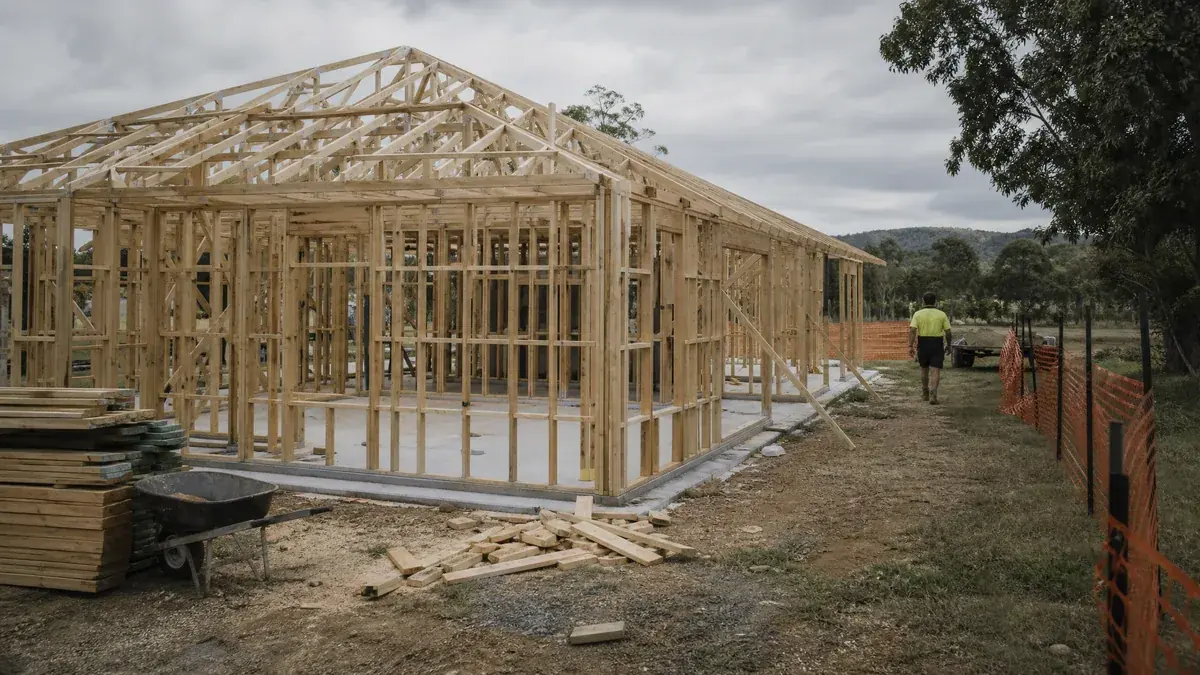 Timber frame of a new Queensland home part way through construction